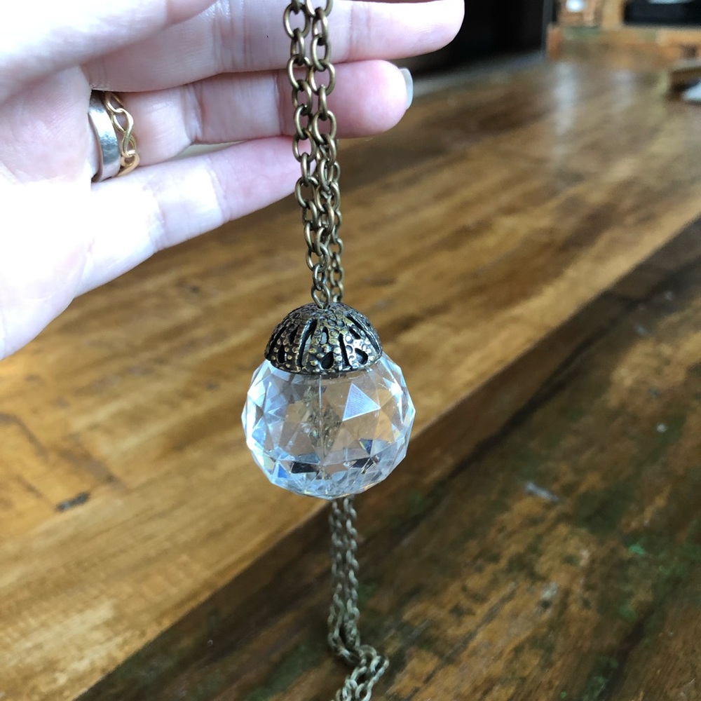 Antique Brass Necklace with Clear Sphere Pendant